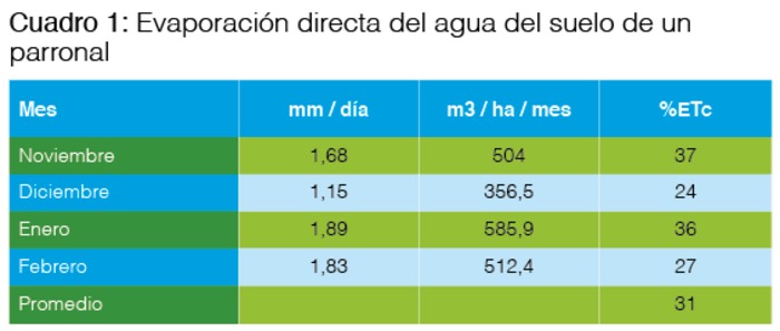 Cuadro 1: Evaporación directa del agua del suelo de un parronal